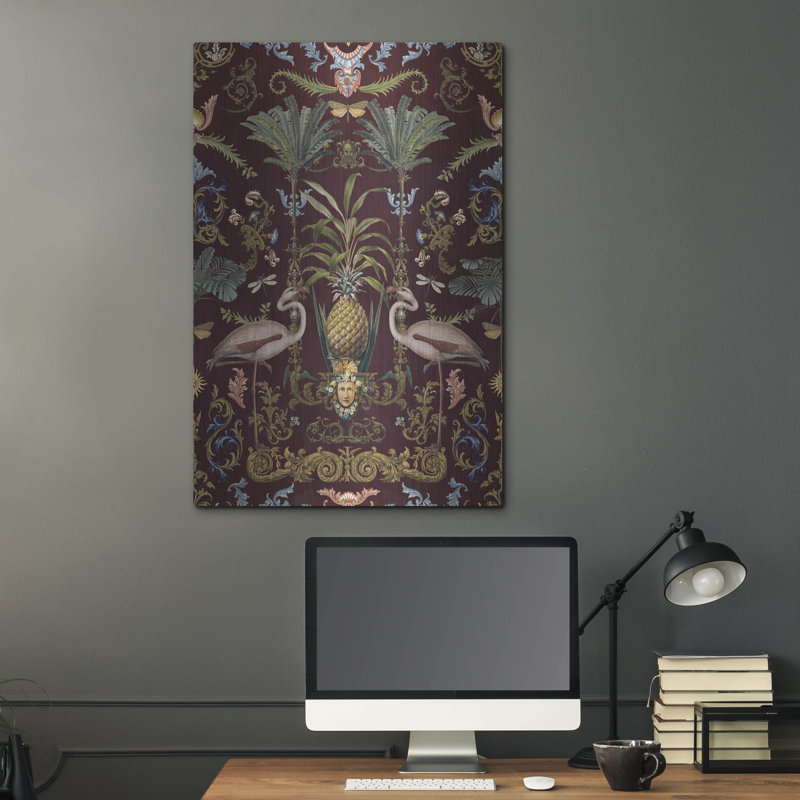 «Vintage Bohemian Elegance Flamingo Burgundy» par Andrea Haase, art mural en métal, 24 po x 36 po, H 36 po x l 24 po