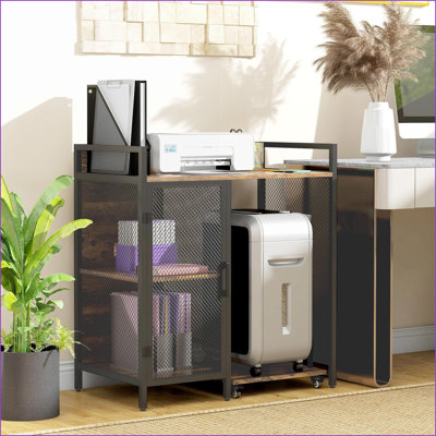 Printer Stand, Industrial with USB Charging Ports &amp; AC Outlets, Rustic Brown Particle Board Movable Home Office Storage | Rustic Brown | Particle Board
