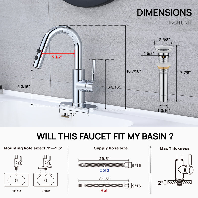 Single Handle High Arc Bathroom Sink Faucet with Pull Out Sprayer and Pop Up Drain, Chrome