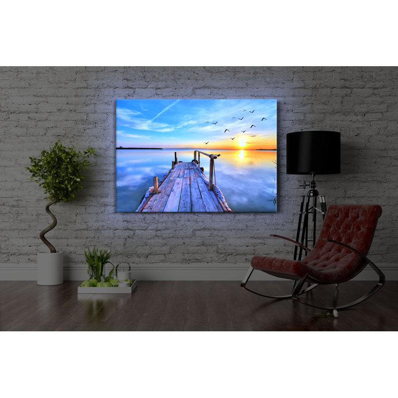 Bridge With Seagulls At Sunset by No - Wrapped Canvas Print, 40cm H x 60cm W x 4.5cm D, With lighting