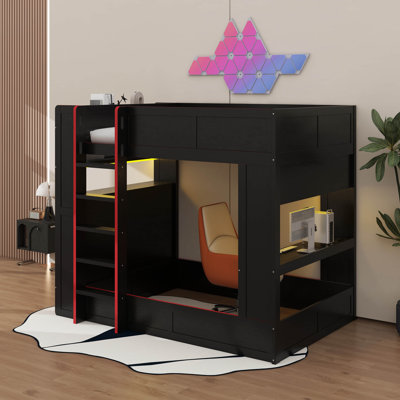 Lit superposé double pleine grandeur avec bureau, tablettes de rangement, DEL et station de charge