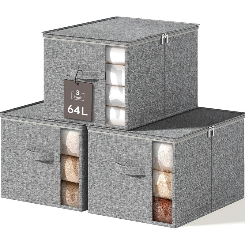 Bacs de rangement robustes en tissu pliable avec couvercles et fermetures à glissière - organisateurs de vêtements, de couvertures et de placards (paquet de 3)