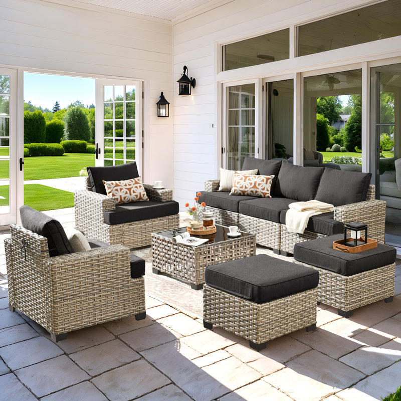 Ensemble de 8 meubles de patio modulaires en osier avec coussins 8 pièces, Noir