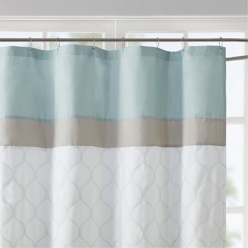 Printed And Embroidered Shower Curtain, Seafoam