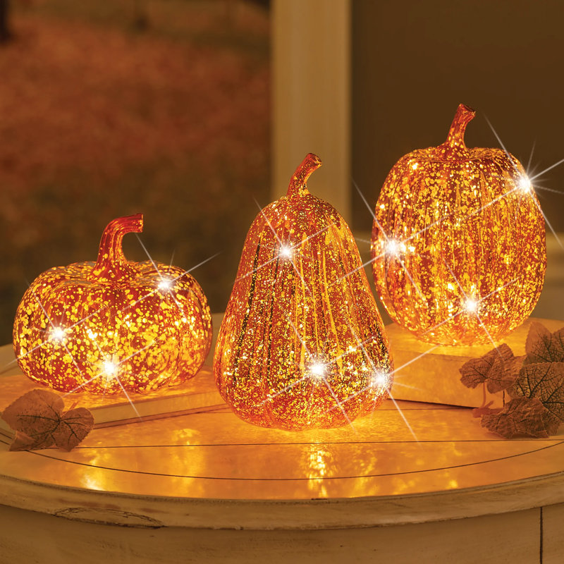 Lighted Faux Mercury-Style Pumpkins - Set of 3