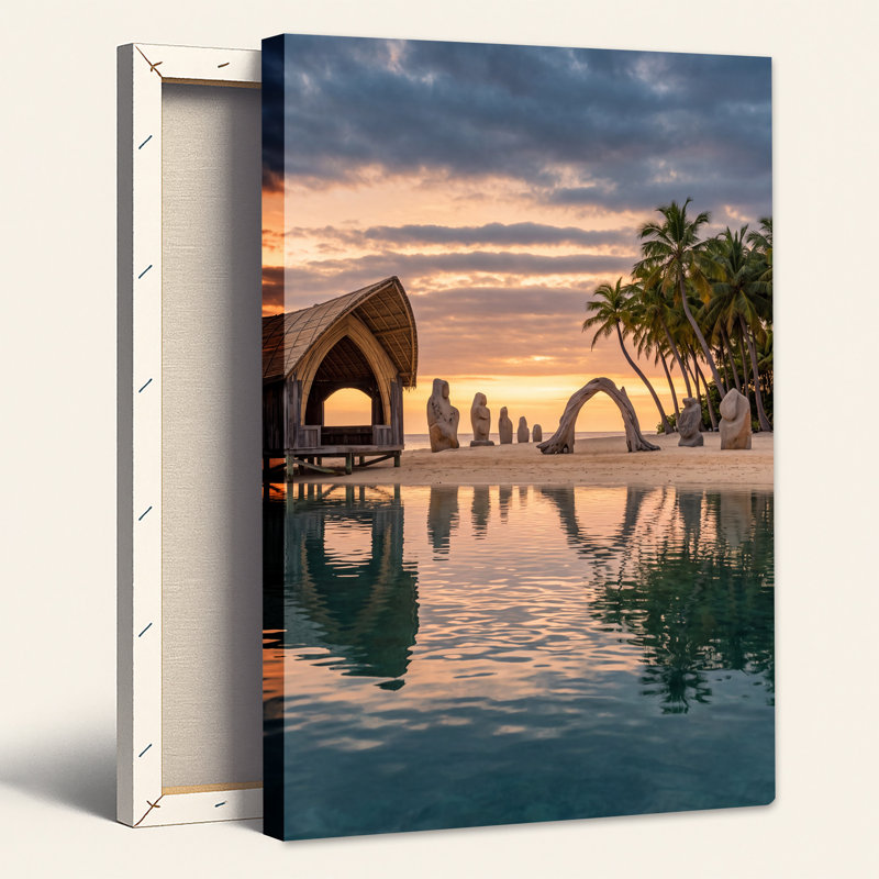 Art sur toile, cabane en bois et statues de pierre sur une plage tropicale au coucher du soleil, H 18 po x l 12 po