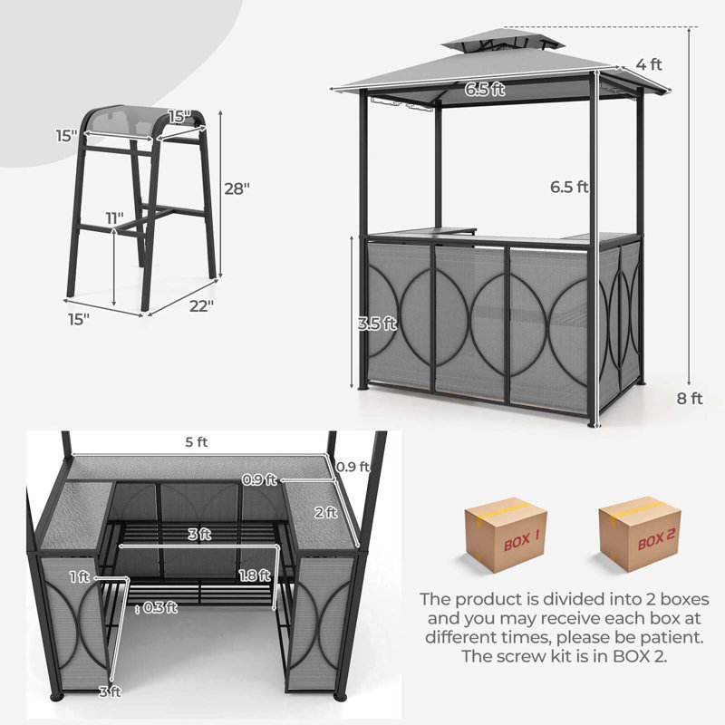 3-Piece Metal Patio Bar Set with Storage Shelves , Gray