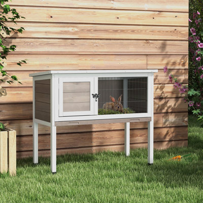 Brown Elevated Wooden Rabbit For Single, Dwarf Or Guinea Pig, Indoor And Outdoor Use, With Hinged Asphalt Roof Removable Tray, Space Below Storage, We