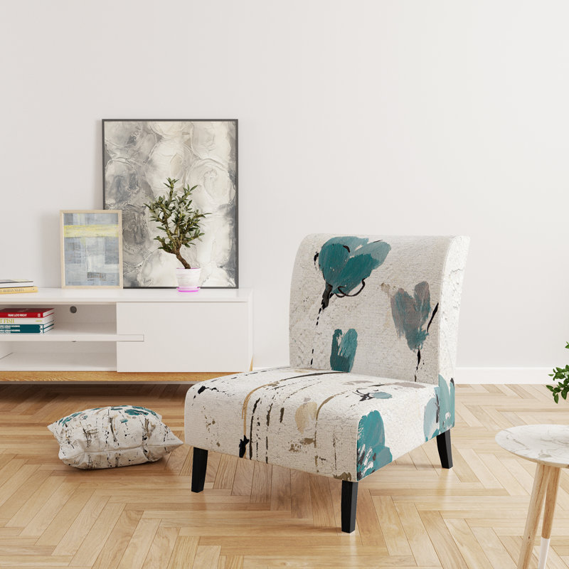 Fields of Turquoise Watercolor Flower II - Traditional Upholstered Slipper Chair