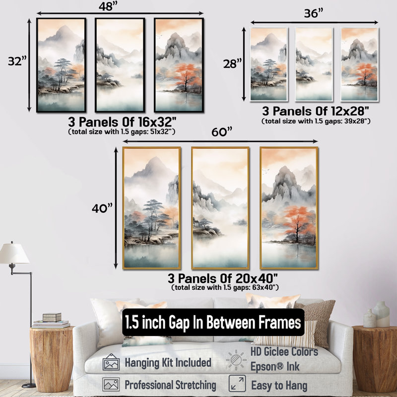 «Grey Tranquil Chinese Landscape Serenity I - China», art mural, Cadre flottant brun, H 28 po x l 36 po