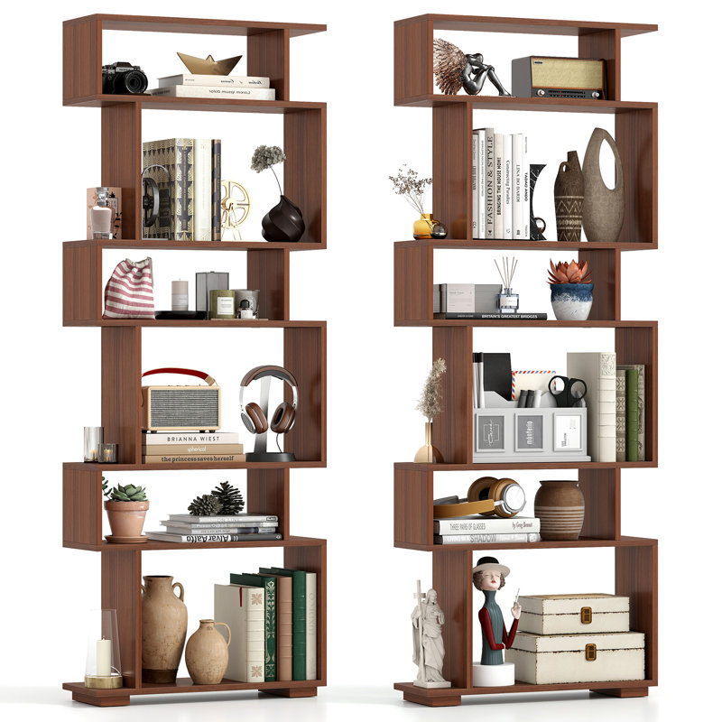 2PCS 6-tier Storage Bookshelf Tall Display Shelf w/ Anti-toppling Kits, Walnut