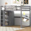 Lit mezzanine double en bois avec garde-robe intégré et tablettes de rangement, lumière DEL, gris