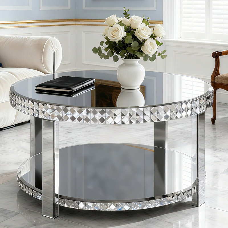 90x90cm Glass Mirrored Coffee Table with Storage Four Leg Coffee Table 
