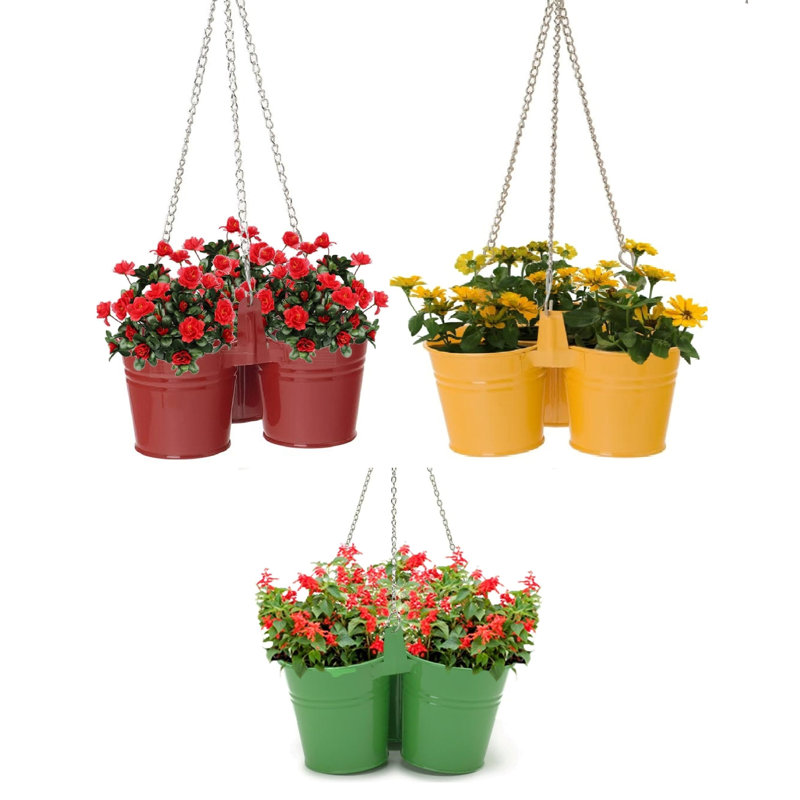 Enameled Galvanized Steel Triple Hanging Planter, Green/Yellow/Red