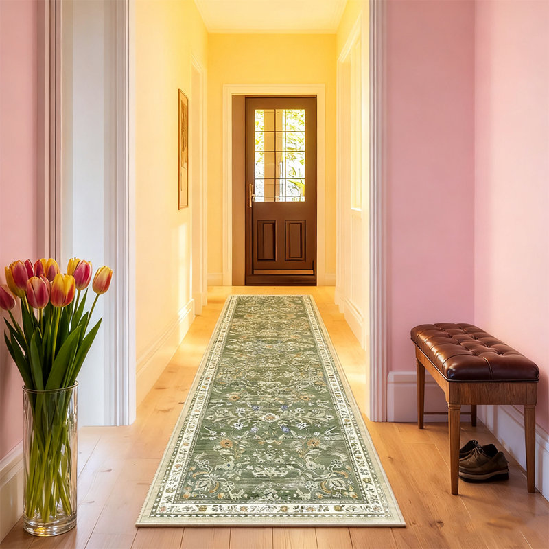 Machine-washable runner carpet Green bohemian floral carpet Hallway carpet, Runner 2' x 10'