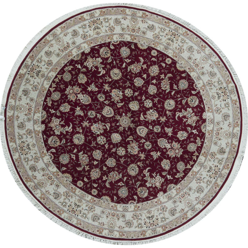 Hand-Knotted High-Quality Wine and Taupe Round Area Rug