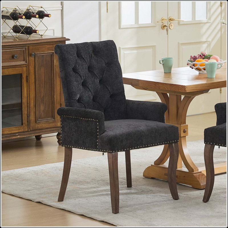Chaise de salle à manger rembourrée en tissu de chenille avec pieds incurvés en bois massif, design capitonné élégant pour le confort et le style, paquet simple, noir