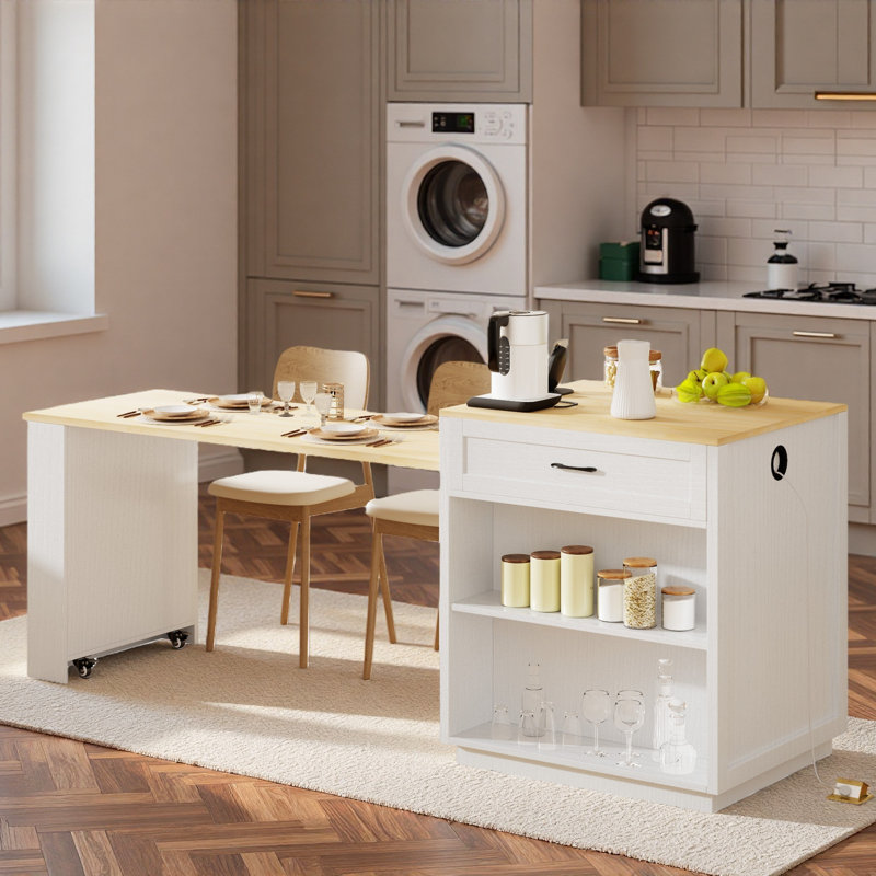 Kitchen Island With Extendable Dining Table, Power Outlet, 2 Drawers, 2 Side Open Shelves And Double-sized Storage Design