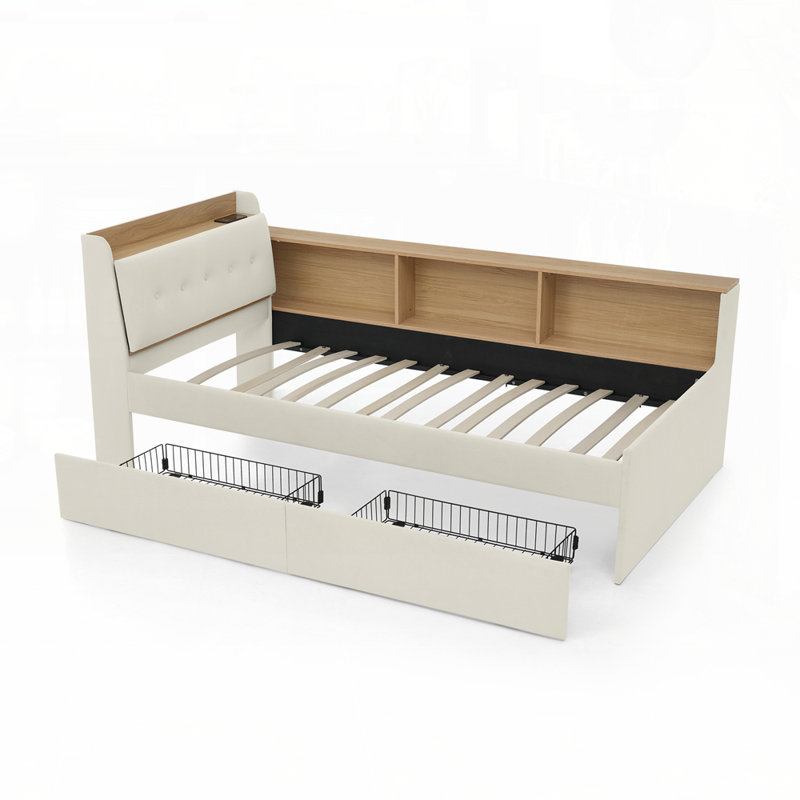 Lit de jour rembourré en velours avec deux tiroirs de rangement Design multifonctionnel pour la vie moderne, Beige