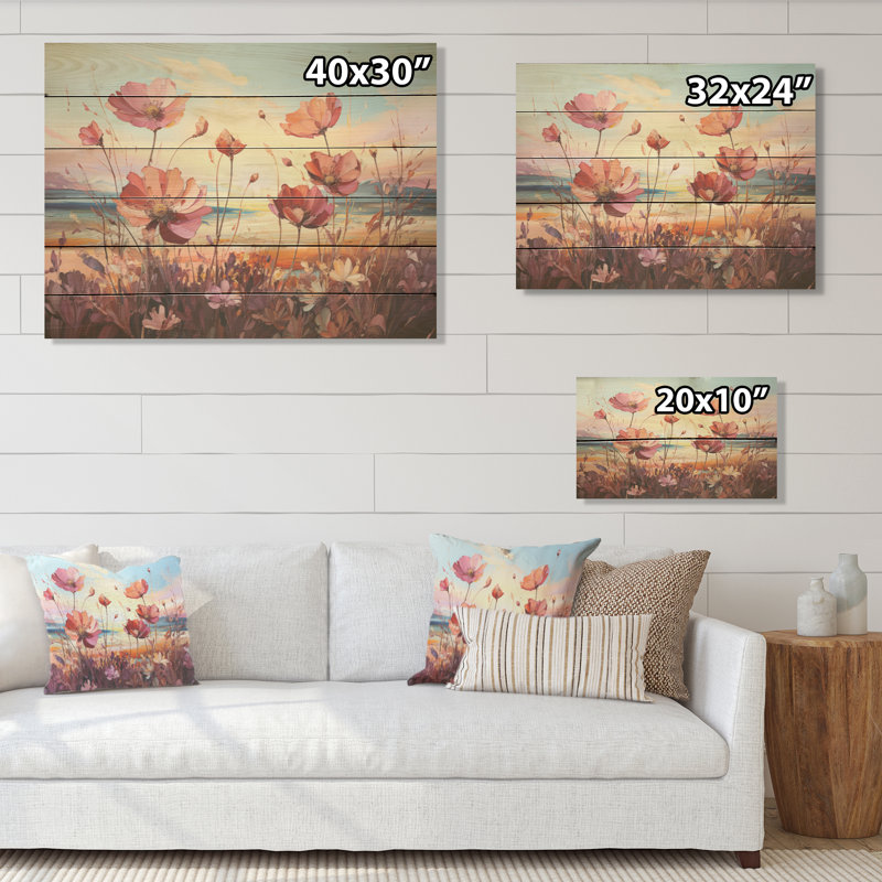 Coucher de soleil sur la plage avec fleurs sauvages, art mural en bois sur bois de pin naturel, H 10 po x l 20 po