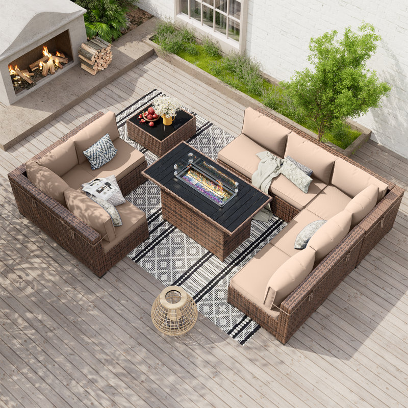 Ensemble de conversation modulaire en rotin Babak avec foyer et table basse, Kaki, 8