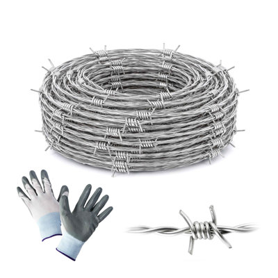 50 ft Barbed Wire, 12.5 Gauge, 4 Point Galvanized Barb Craft Wire with Gloves, Barb Wire Roll for Fencing, Crafts, Yard and Garden