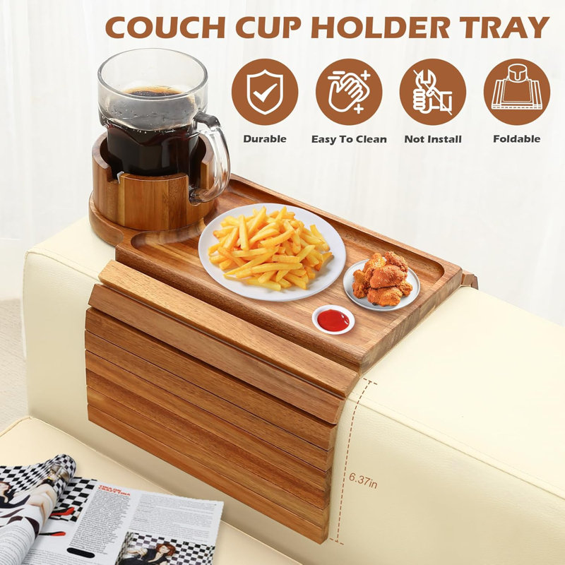 Plateau porte-gobelet pour canapé, table avec accoudoirs en bois d'acacia et support pour téléphone à 360 °, Brun