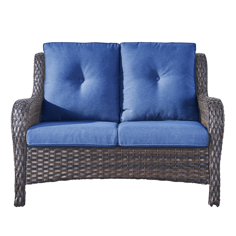 Tonry 53'' Wide Rectangle Wicker Patio Sofa with Cushions, Blue, Brown