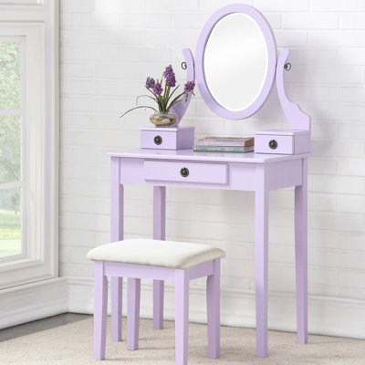 Meuble-lavabo en bois mauve avec tabouret, 3 tiroirs et miroir réglable