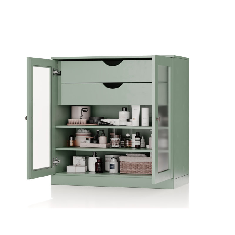 100% Solid Wood 32" Bathroom Cabinet with Frosted Glass Doors, 2-Drawers and Adjustable Shelves, Sage