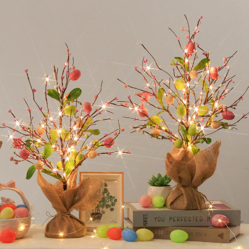 Spring Decorations, 2 Pack Spring Tree With Colourful Eggs, Battery Powered LED Tree Lights, Artificial Tabletop Centerpiece Lighted Tree For Holiday Party Spring Home Decor