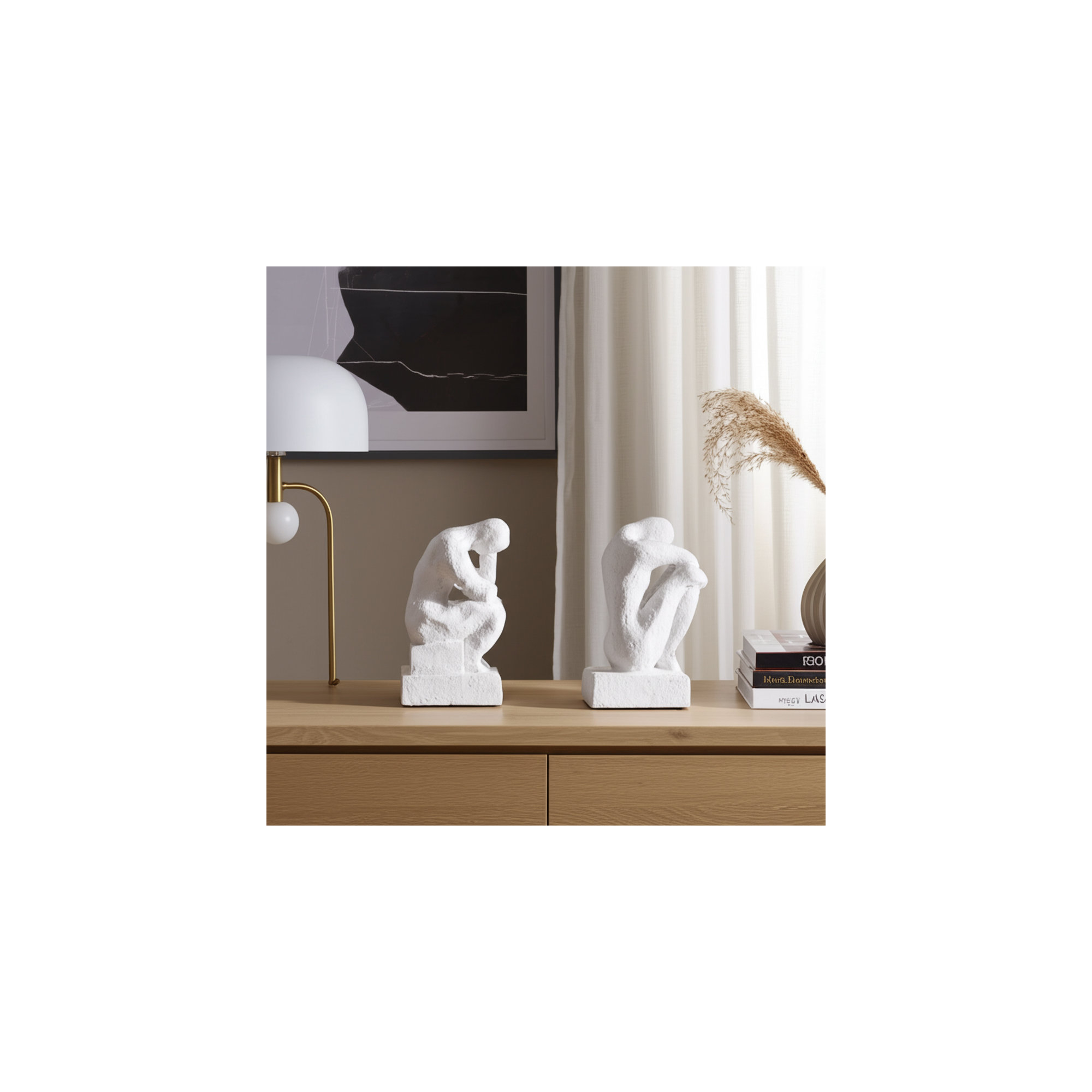 Sagebrook Home Wella Polyresin Thinking Man Bookends Set - Enhance Your Shelves, White, 7" H x 8" W x 4" D