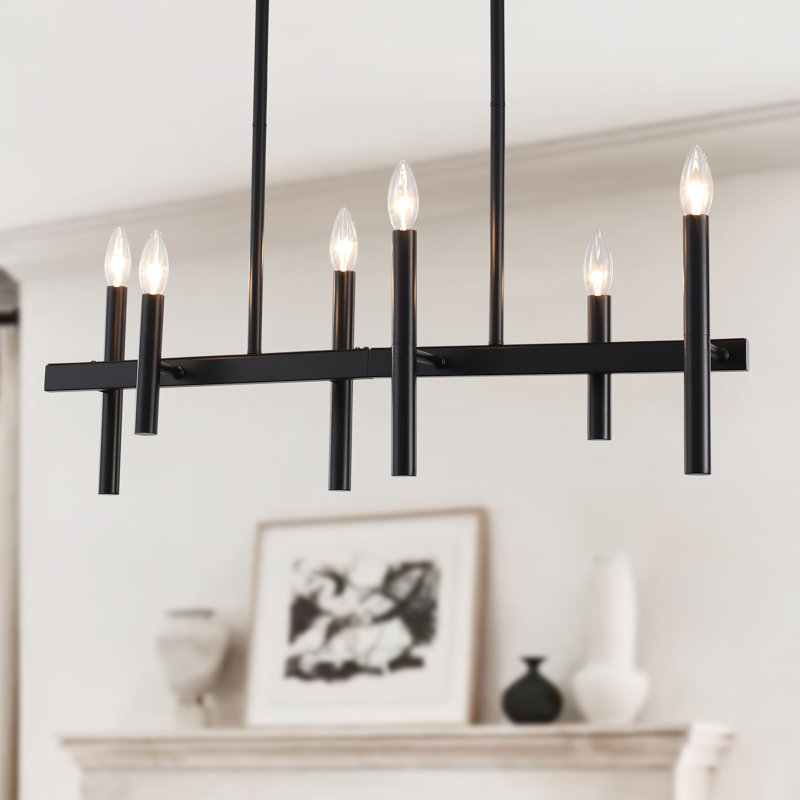 Lustre pour îlot de cuisine à 6 lumières à intensité variable pour salle à manger, Noir mat, 6 lumières