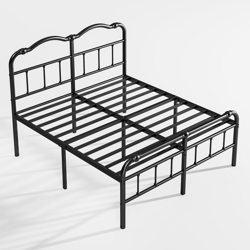 Queen Black Metal Platform Bed Frame with Headboard and Slats