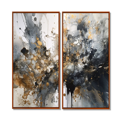Grey Gold Delicate Abstract Brushstrokes V - Abstract Marble Canvas Wall Art 2 Pieces