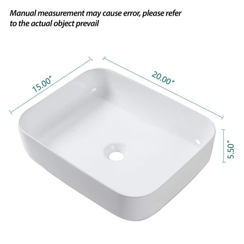 Lavabo de salle de bain vasque rectangulaire en céramique blanche 20 X 15 pouces