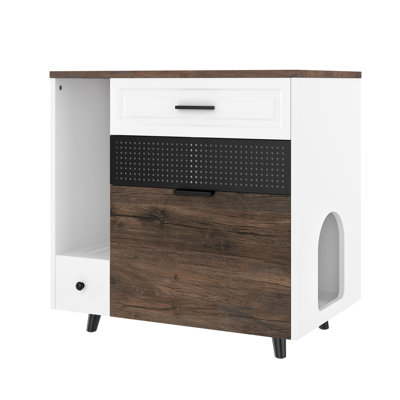 Indoor Hidden Cat House With 2 Drawers And Door, Brown White End Table, Upper Screen For Fresh Air Odor Elimination Litter Box Enclosure, Multifunctional Storage, Handle On Door Smooth Operation