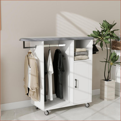 Ironing Cart Cabinet with Rolling Ironing Board, Storage Shelves &amp; Clothes Rods - Snow White E1 MDF | Minimalist | Laundry Room