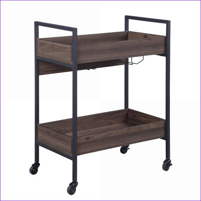 Chariot de service avec tablette à 2 niveaux et porte-gobelet | Noyer & amp; Finition noire | Structure en métal | Noir, noyer | Métal, bois synthétique