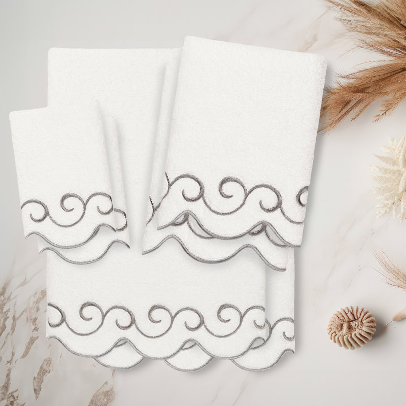  100% Turkish Cotton SIMPLICITY Scallop 6PC Embellished Towel Set, White/Gray, 6 Piece Towel Set