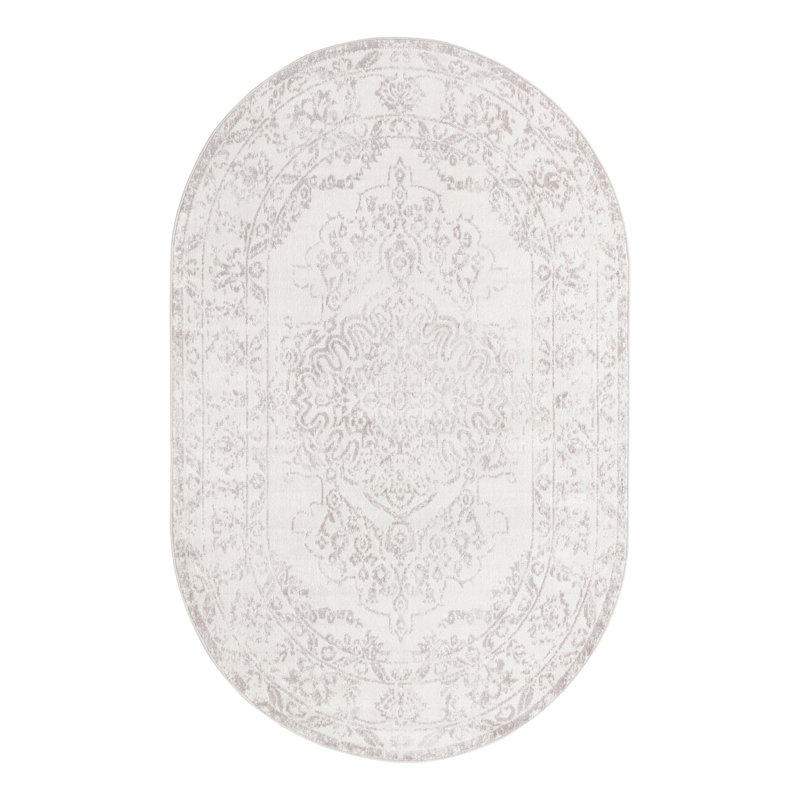 Avalynne Oriental Ivory/Gray Area Rug, Oval 5'3" x 8'