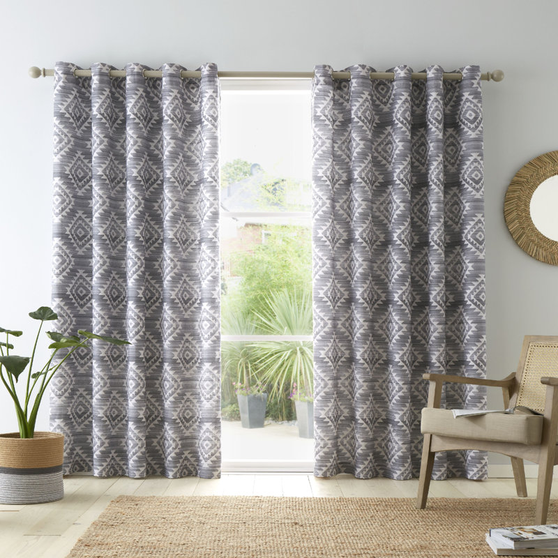 Aztec Geo Lined Eyelet Curtains, Grey, 168 W x 137 D cm