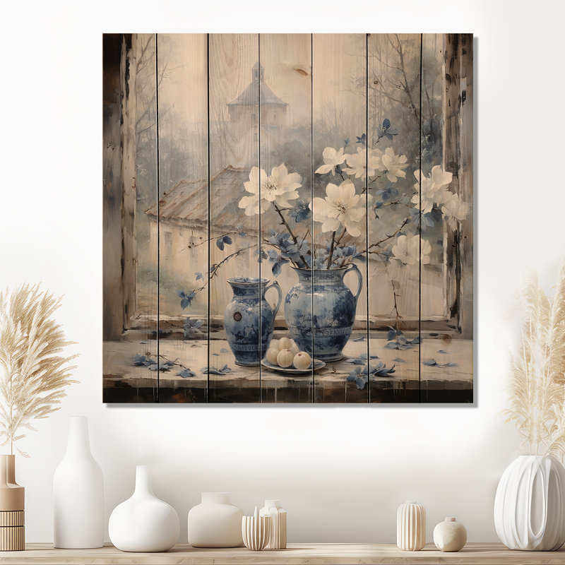 Charme de fenêtre floral blanc et bleu antique - fenêtres de ferme sur imprimé bois, H 30 po x l 30 po