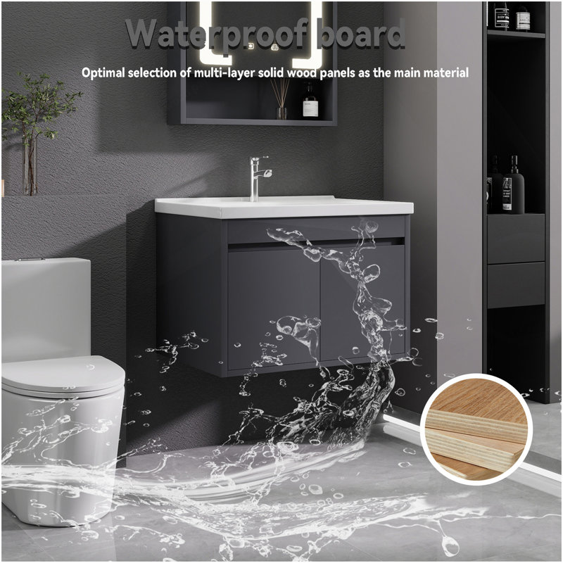 Meuble-lavabo 24 po avec lavabo en céramique et porte d'armoire à fermeture en douceur, fixation murale flottante, bonde escamotable, siphon inclus, gris (sans robinet)