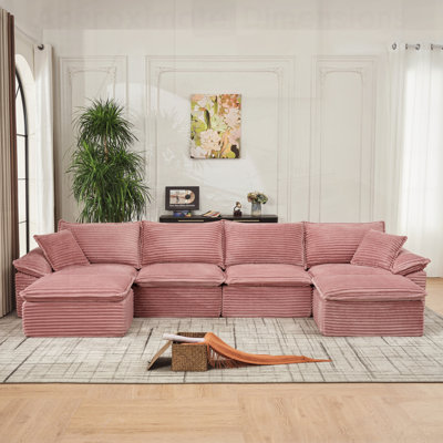 U-Shape Sectional Sofa - Oversized Corduroy Cloud Couch with Movable Ottoman, Soft Modern Comfy, No Assembly Required for Living Room and Apartment