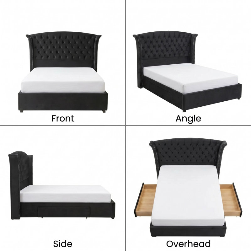 57" Velvet Button Tufted Wingback Queen Bed Frame with Storage Drawers, No Box Spring Needed, Black, Black, Queen
