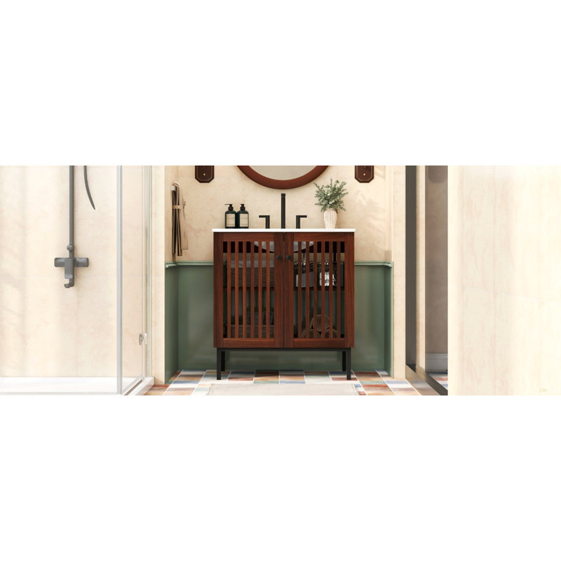 Meuble-lavabo de salle de bain rétro 30 po avec lavabo en céramique, meuble-lavabo moderne avec 2 portes à fermeture en douceur (conception de clôture) et grand espace de rangement, équipé de 4 pieds en fer robustes