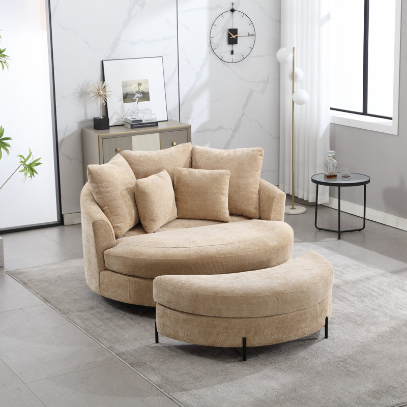 Slipcovered Barrel Chair With Ottoman, Wheat Chenille
