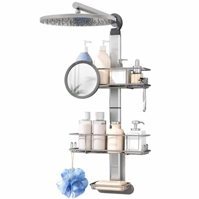 Shower Caddy Hanging,Aluminum Shower Racks for Inside Shower, Durable, Rust-Resistant Shower Shelves, Stable Support, Dual Hanging Options for Shower Head&Glass Partition, 8 Hooks and Mirror, (Silver)