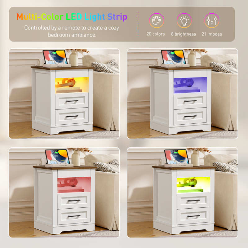 Farmhouse White &Walnut Nightstand with Hidden Drawer and 3 Drawers End Table with LED Light & Charging Station, White/Walnut